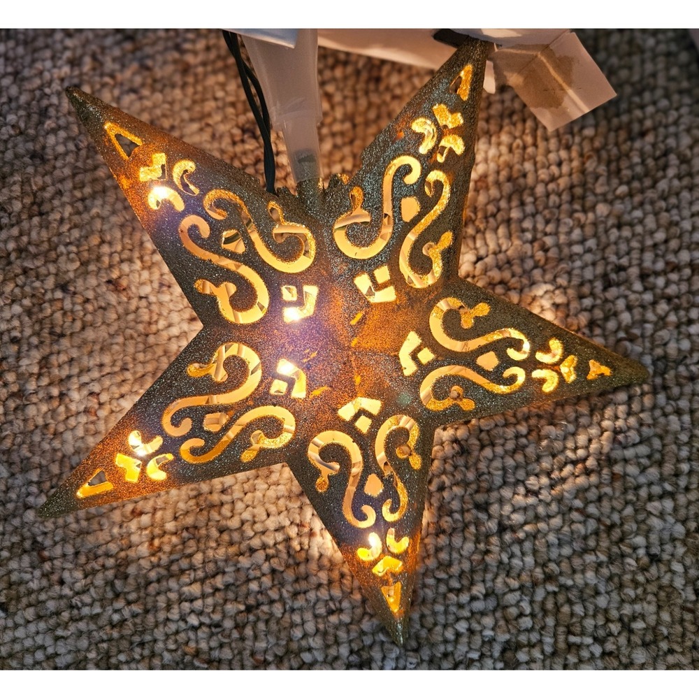 Sylvania Gold Glitter Star‎ Tree Topper 10 Mini Lights Scrollwork Filigree 2.5ft